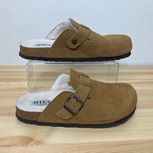 Wilt Clogs Women 10 Tan Brown Suede Leather Buckle Faux Shearling Lined Hana